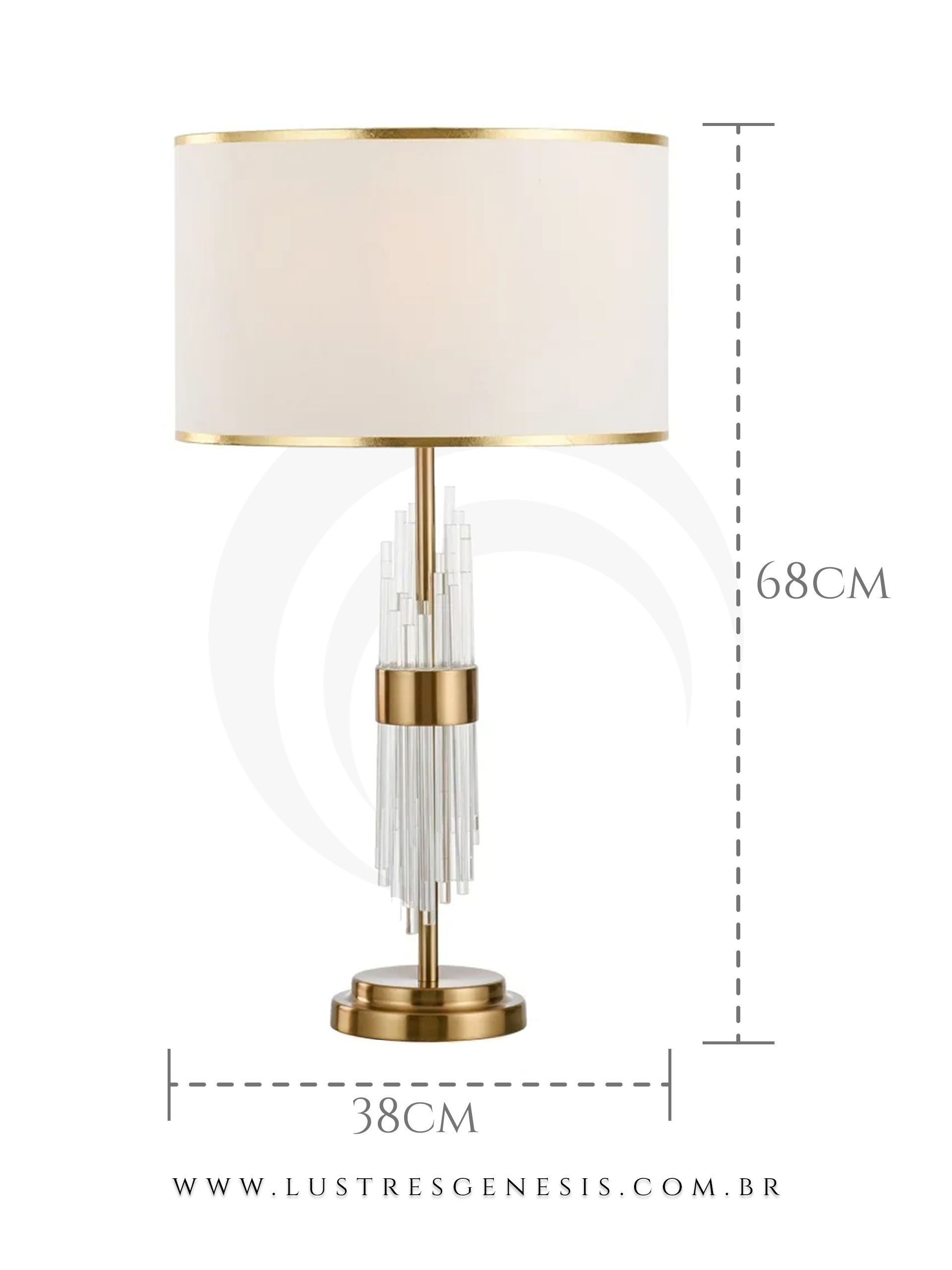 Abajur Ares com cúpula branca e detalhes dourados, base de metal dourado e hastes em vidro, ideal para quartos ou escritórios sofisticados.